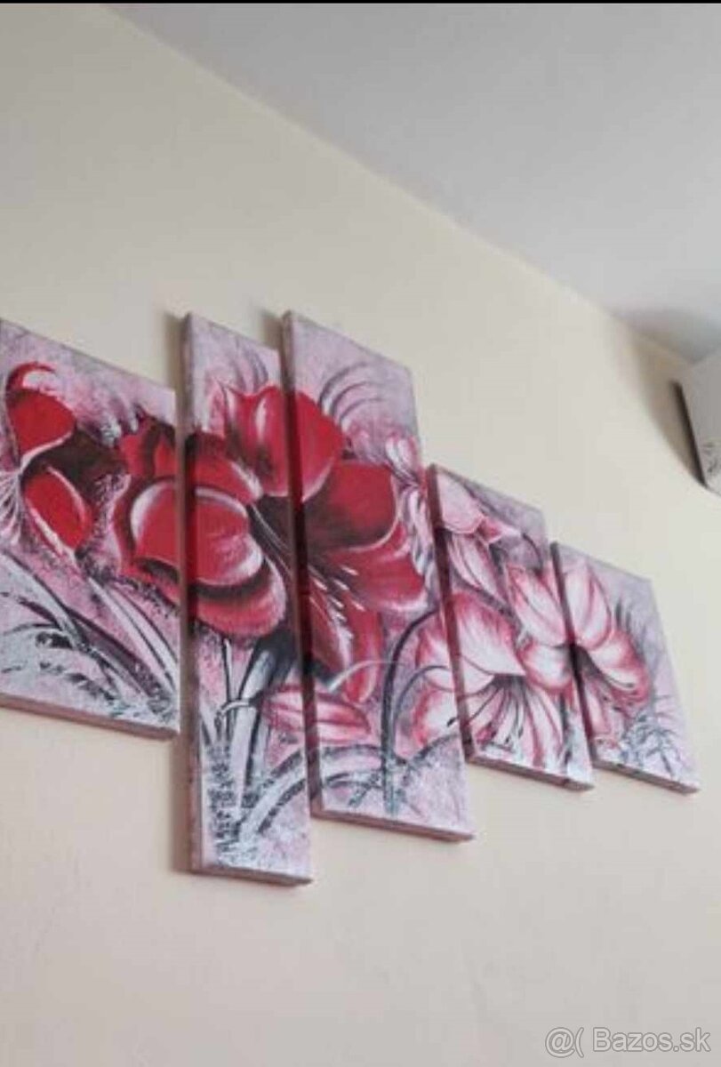 Červený 5-dielny obraz s kvetmi