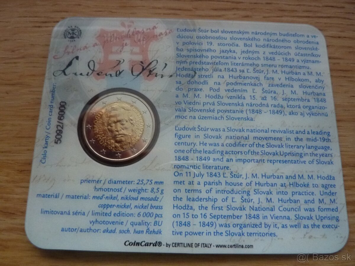 Vzácne 2 Euro Coincard 2015 -200. výročie narodenia Ľ. Štúra