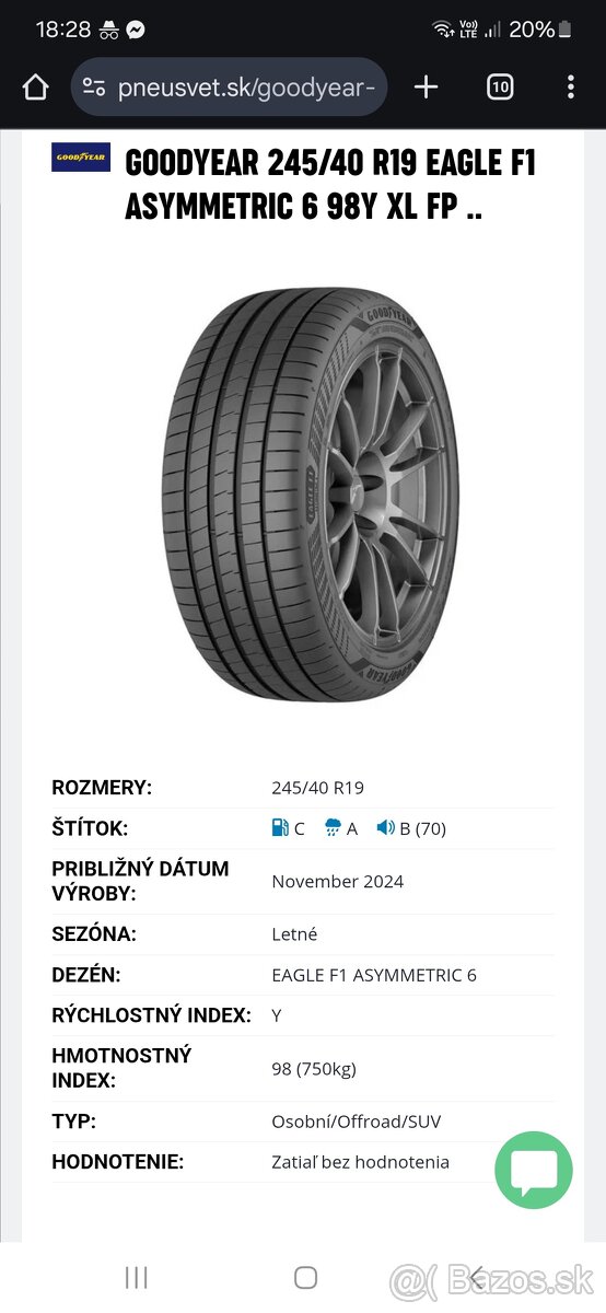 Predam letne pneumatiky 245/40 R19 98Y goodyear