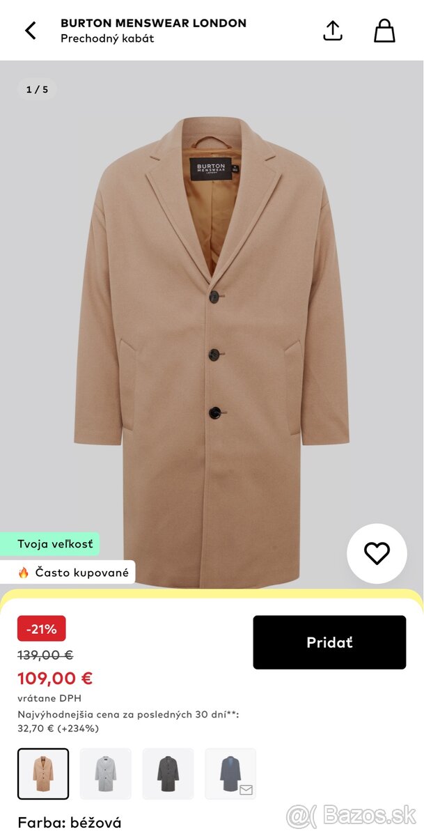 Kabát BURTON MENSWEAR LONDON - prechodný kabát Béžový - XL