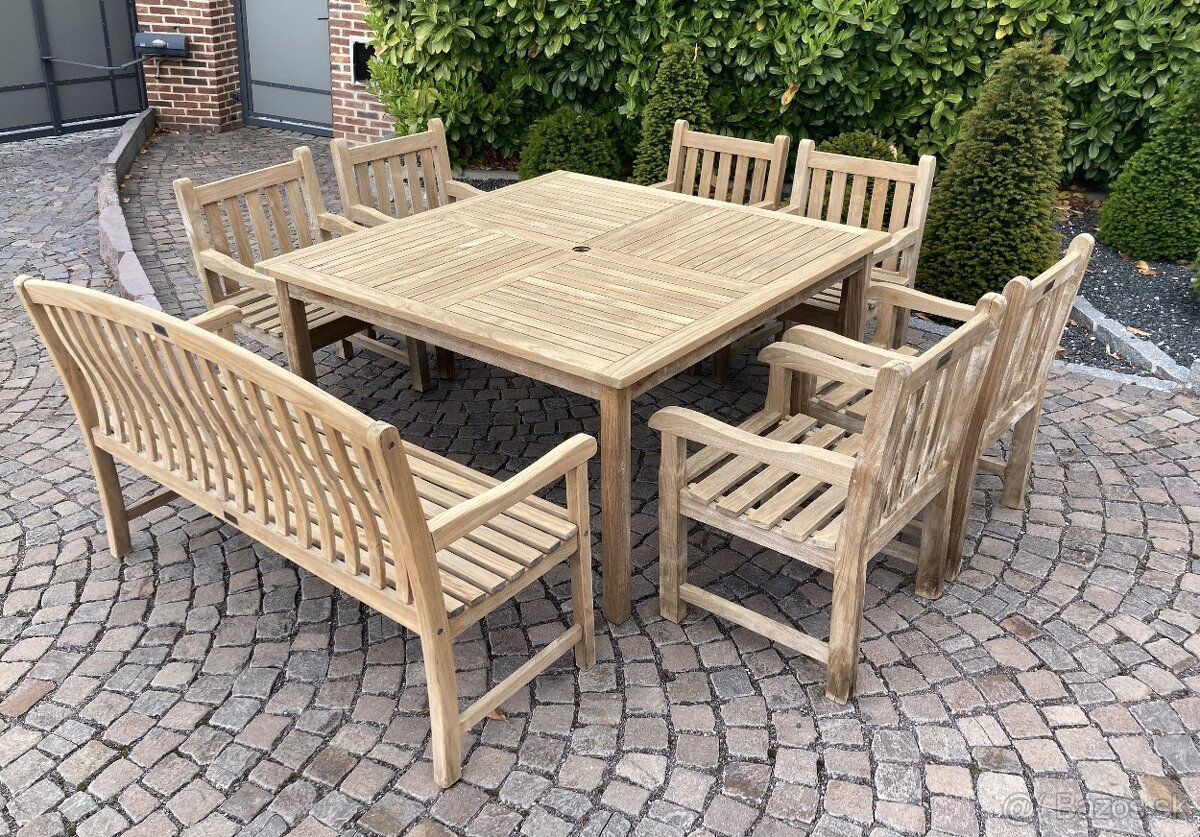 TEAK - Stvorcovy stol 140cm, 6 masivnych kresiel a lavica