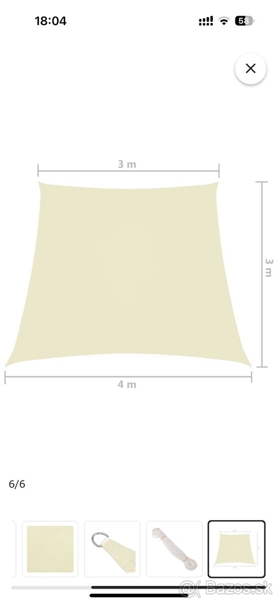 Tieniaca plachta, lichobežníková 4x3m, krémová
