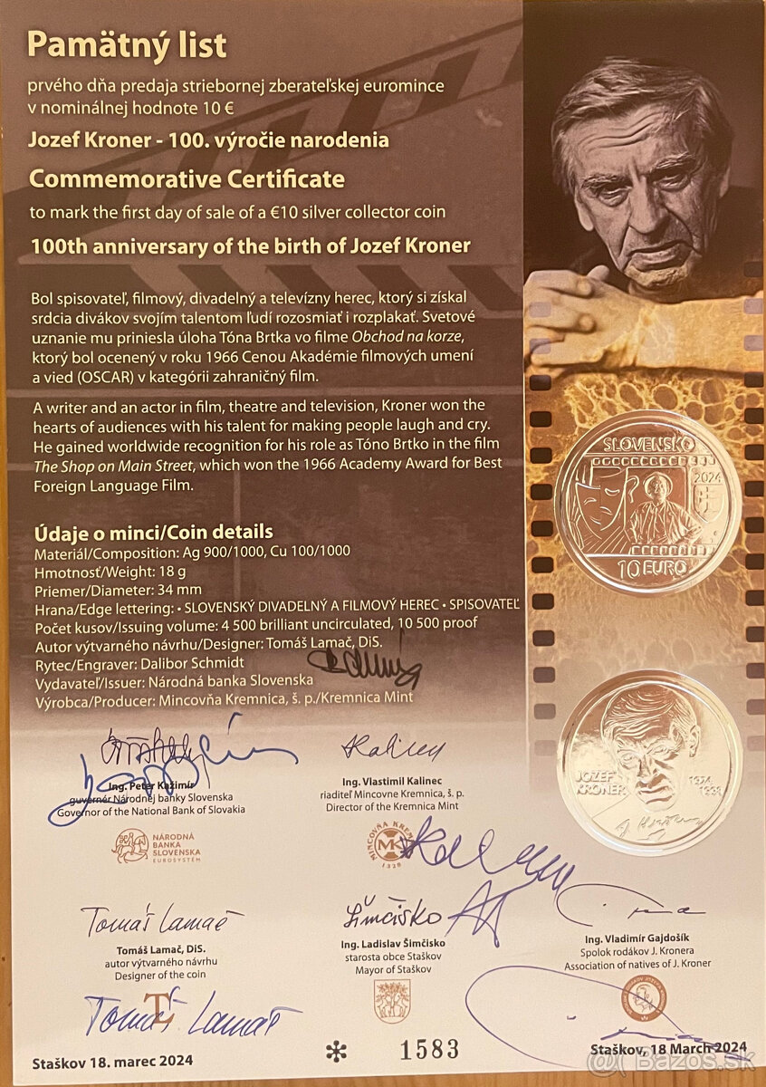 pamätný list k 10 € minci Jozef Kroner - 100. výročie narode