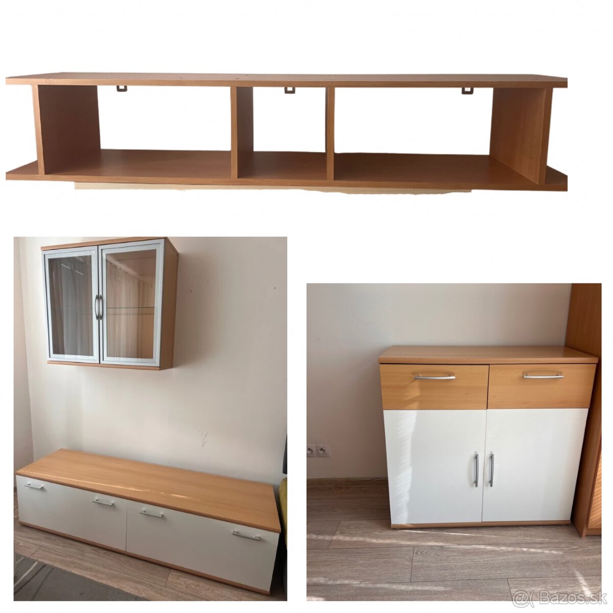 Zostava nábytku- 4 kusy- komoda+vitrína+skrinka+polica