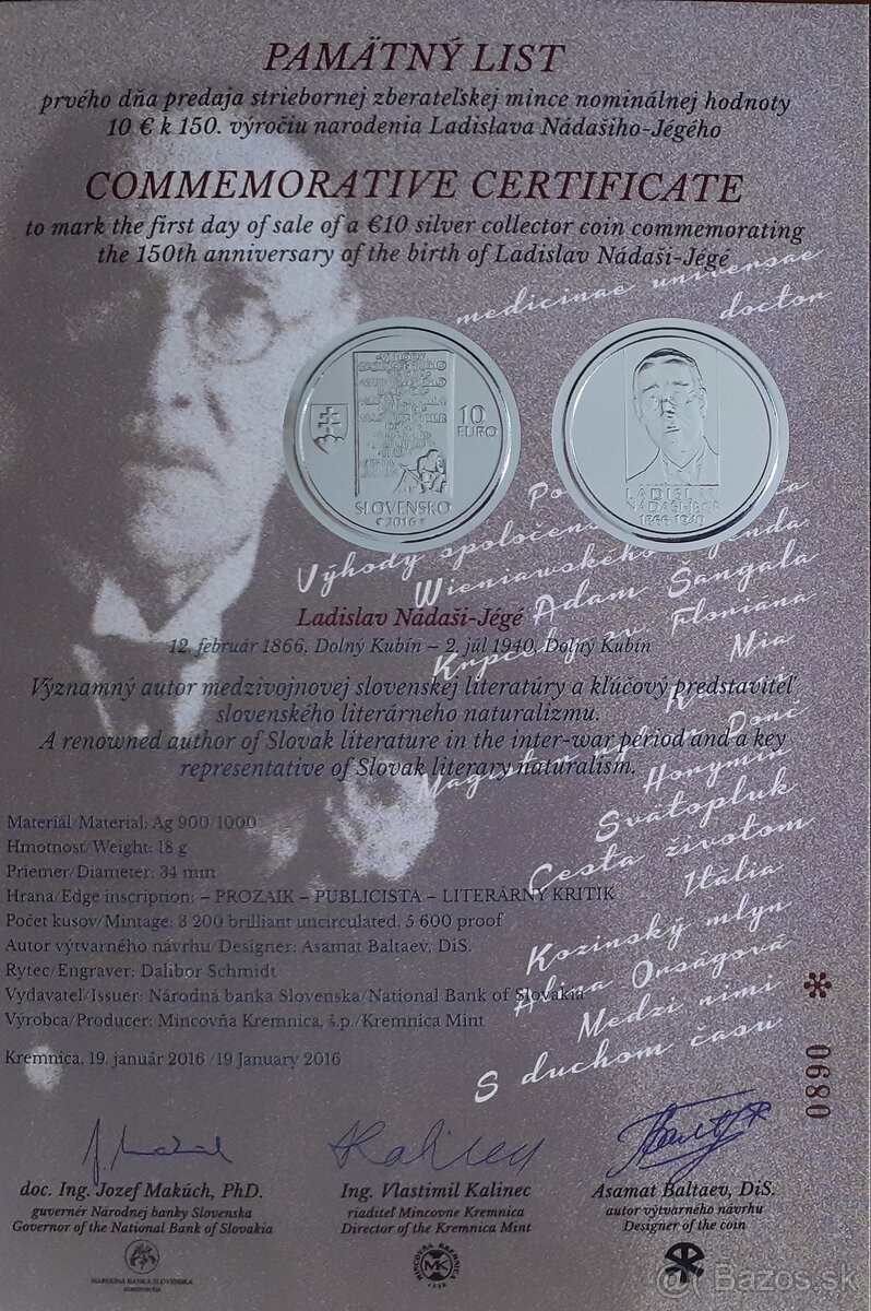 Pamätný list Ladislav Nádaši-Jégé