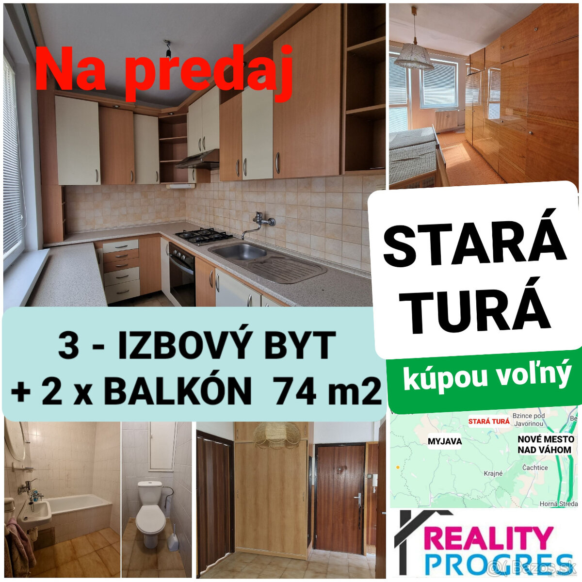 NA PREDAJ 3 IZBOVÝ BYT + 2 x BALKÓN 74 m2 STARÁ TURÁ VOĽNÝ