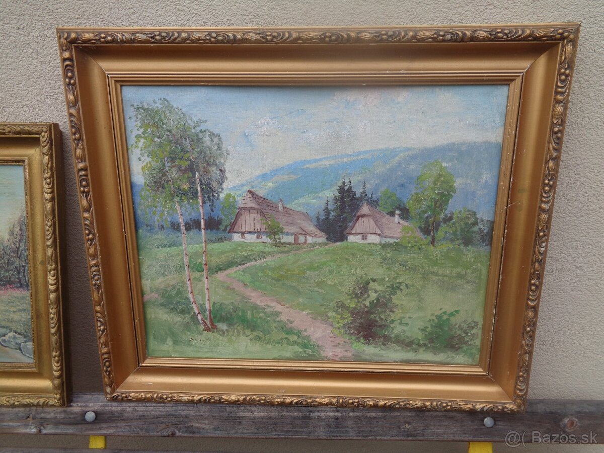 obraz, chalupky na okraji lesa - olejomalba