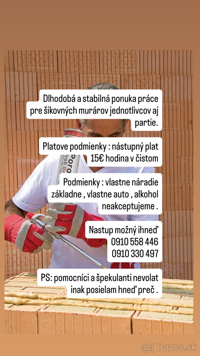 Hľadáme skúseného murára 10€/hod v čistom
