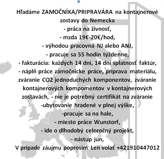 Hľadáme dvoch Montérov na kontajnerové zostavy do Nemecka