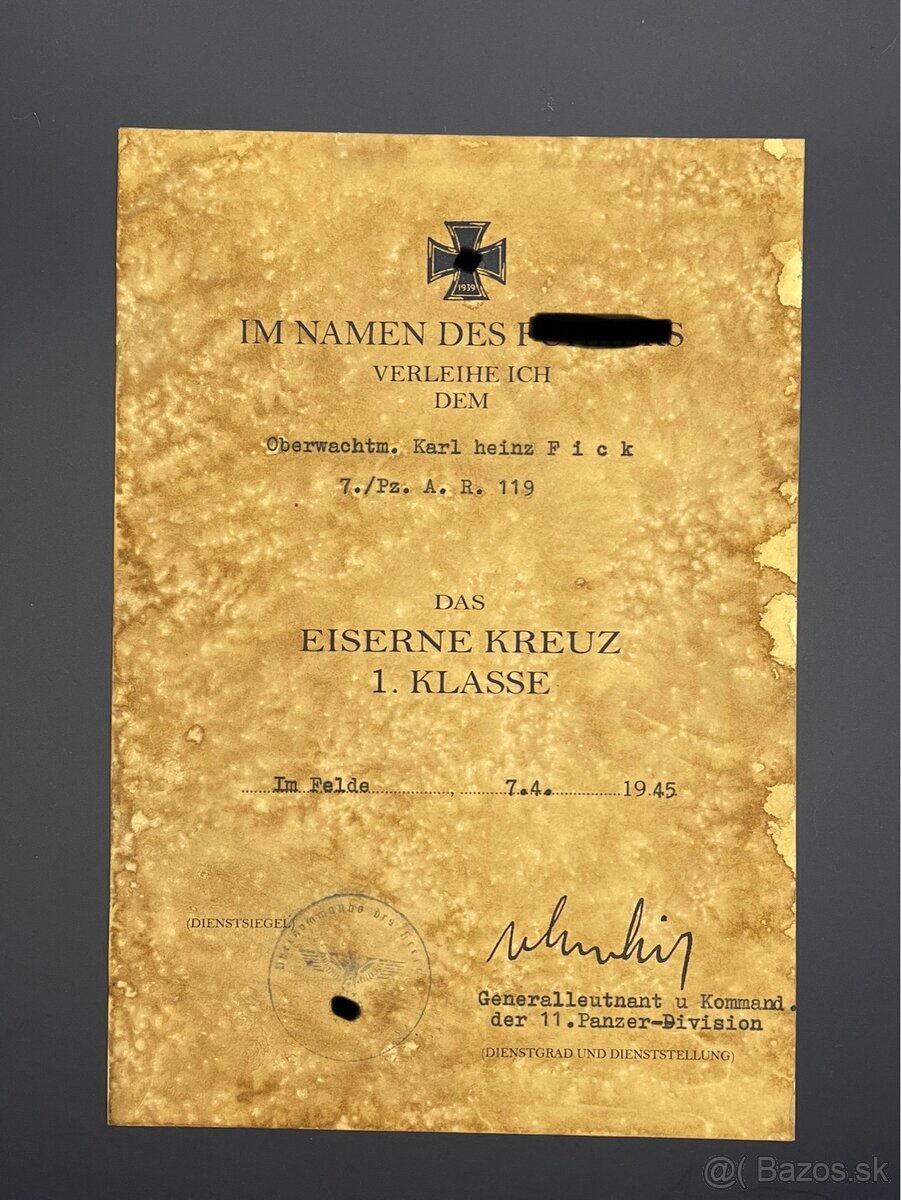 Dekrét k železnému krížu 1 triedy 1939