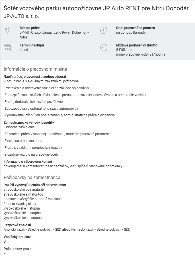 Šofér vozového parku autopožičovne JP AUTO RENT pre NR, BA