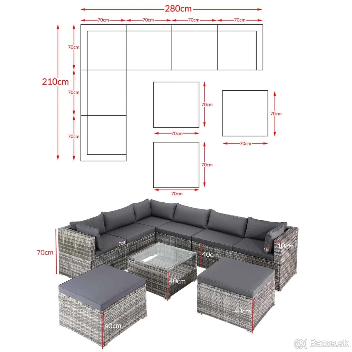 Záhradný ratanový set XXL - sivá/antracit podušky