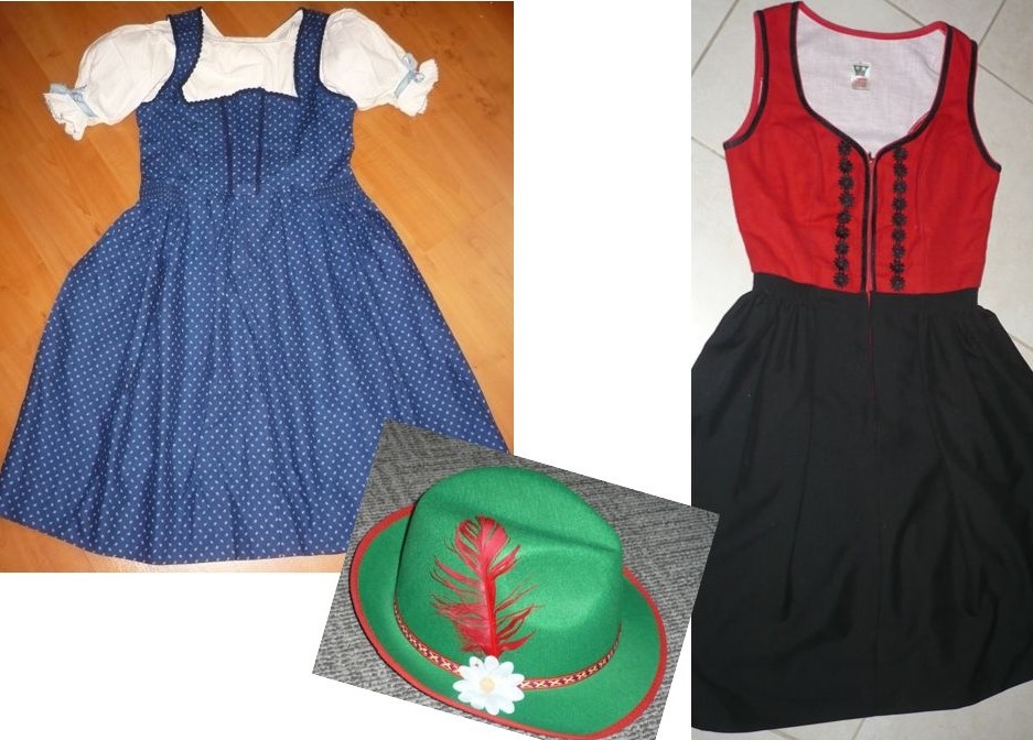 Kroj Dirndl Tirol 42 modrotlač - klobúk fašiangy - kabát