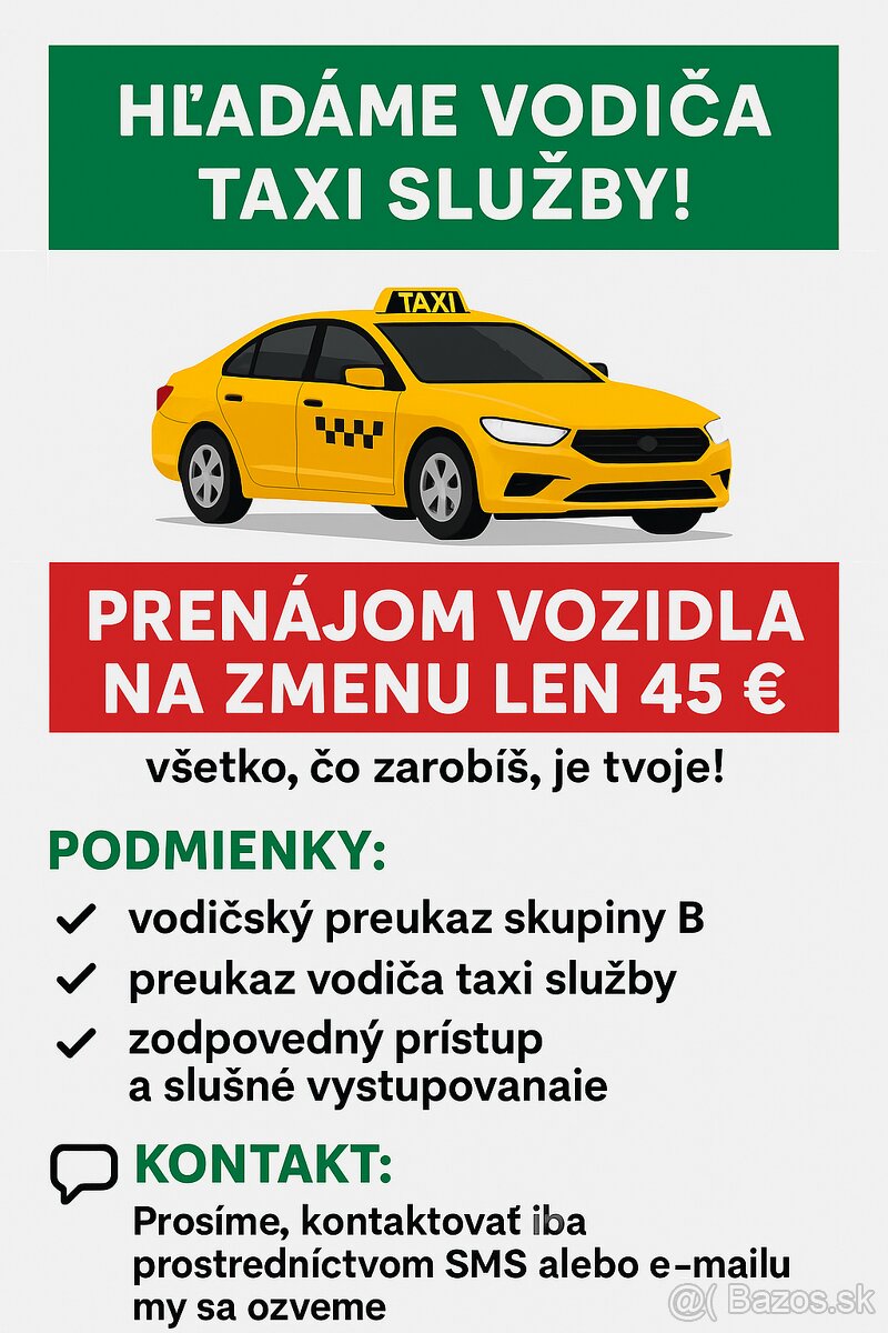 🟢 Hľadáme vodiča taxi služby Prenájom vozidla