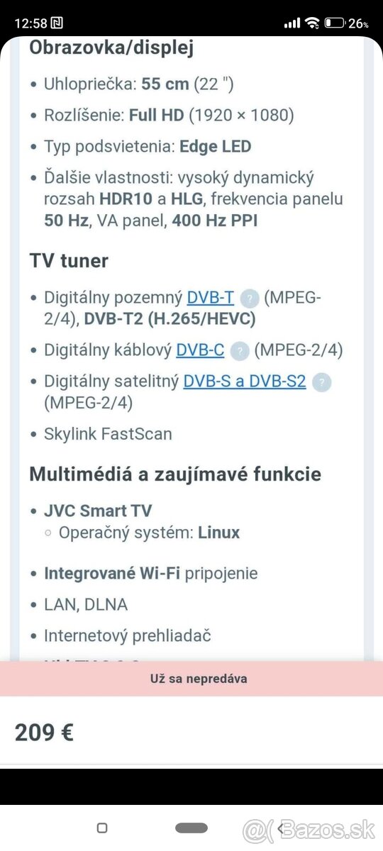 Predám herný monitor JVC