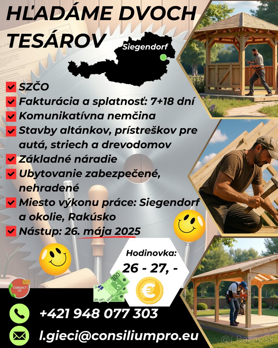 Hľadáme dvoch tesárov, práca vo východnom Rakúsku.