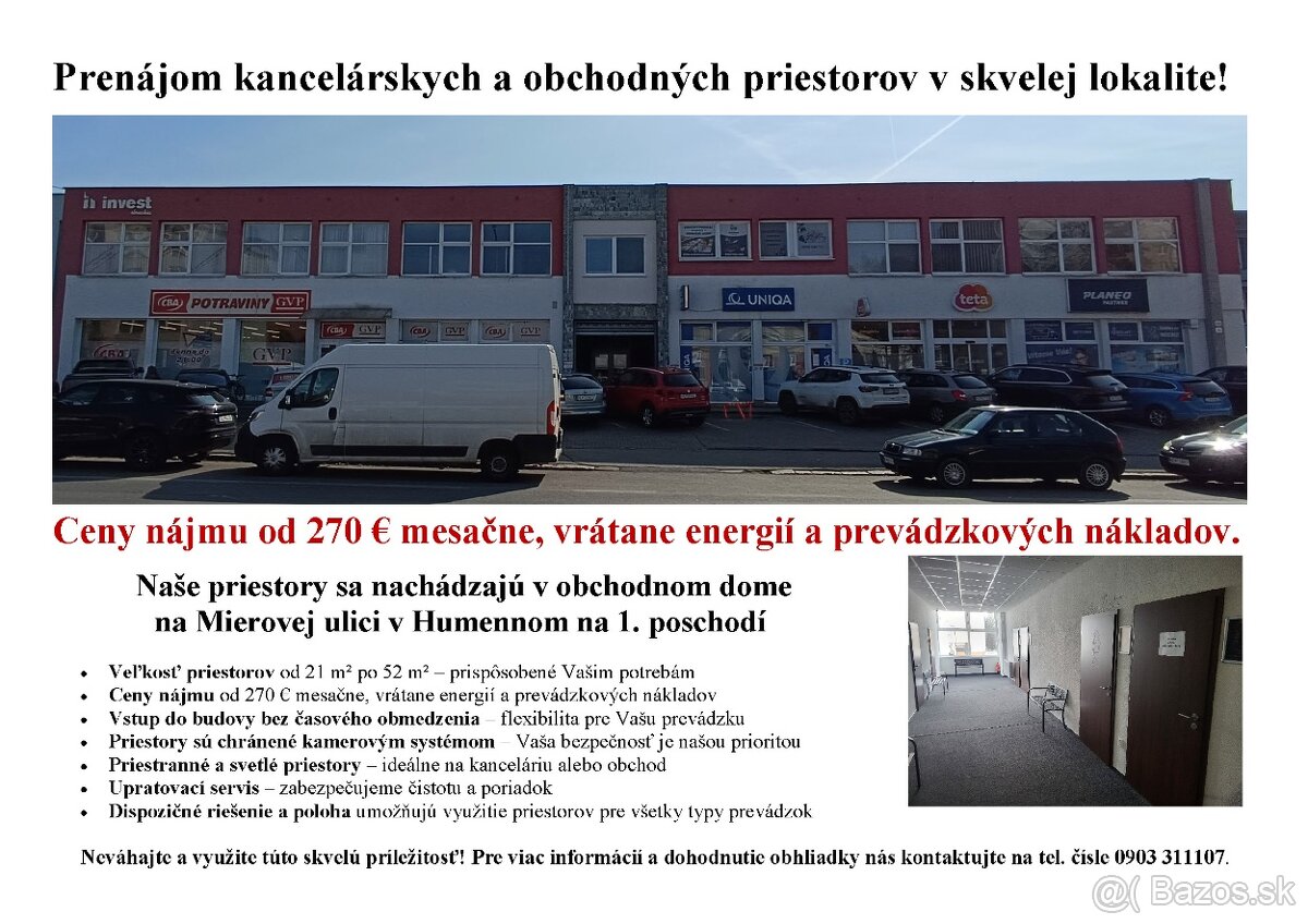 Na prenájom obchodné a kancelárske priestory v Humennom