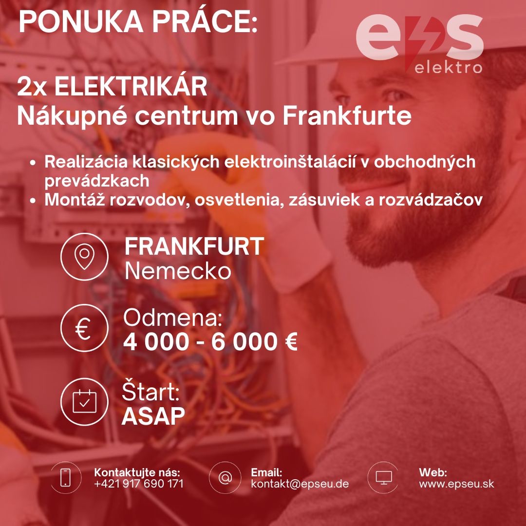 🫵Hľadáme 2 elektrikárov – Frankfurt 🇩🇪👷♂️