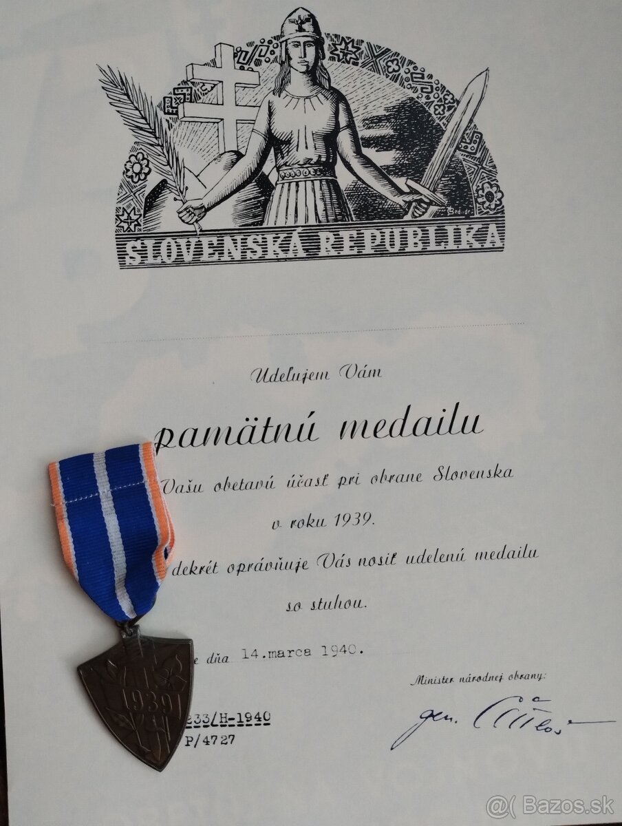 Vojenská medaila + osvedčenie Slov.štát