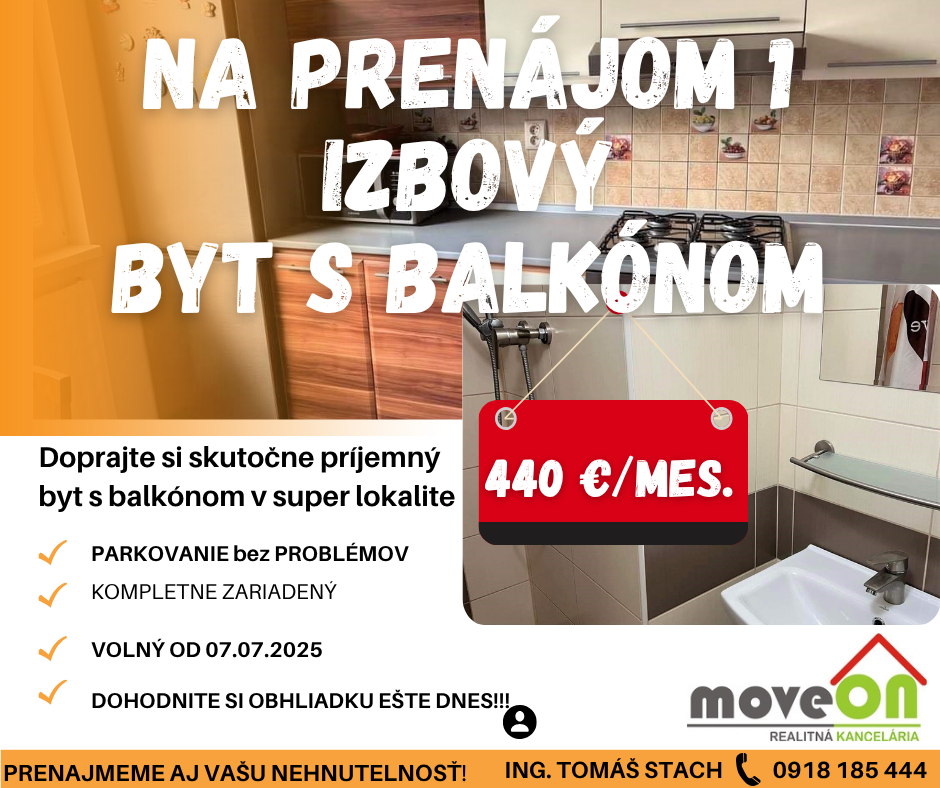 MOVEON exkluzívne ponúka na prenájom krásny 1i byt s BALKÓNO