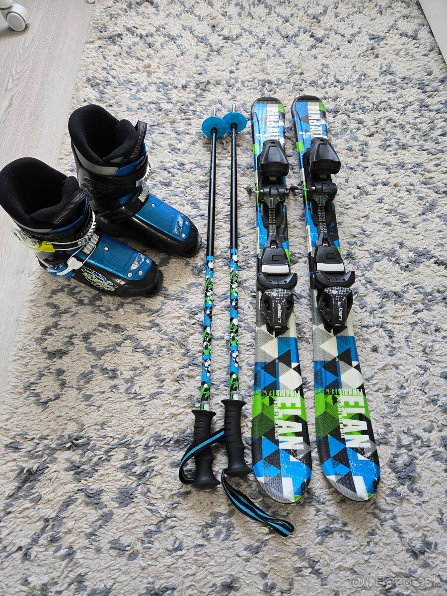 Detské lyže 90 cm, palice 85 cm a lyžiarky 20 cm