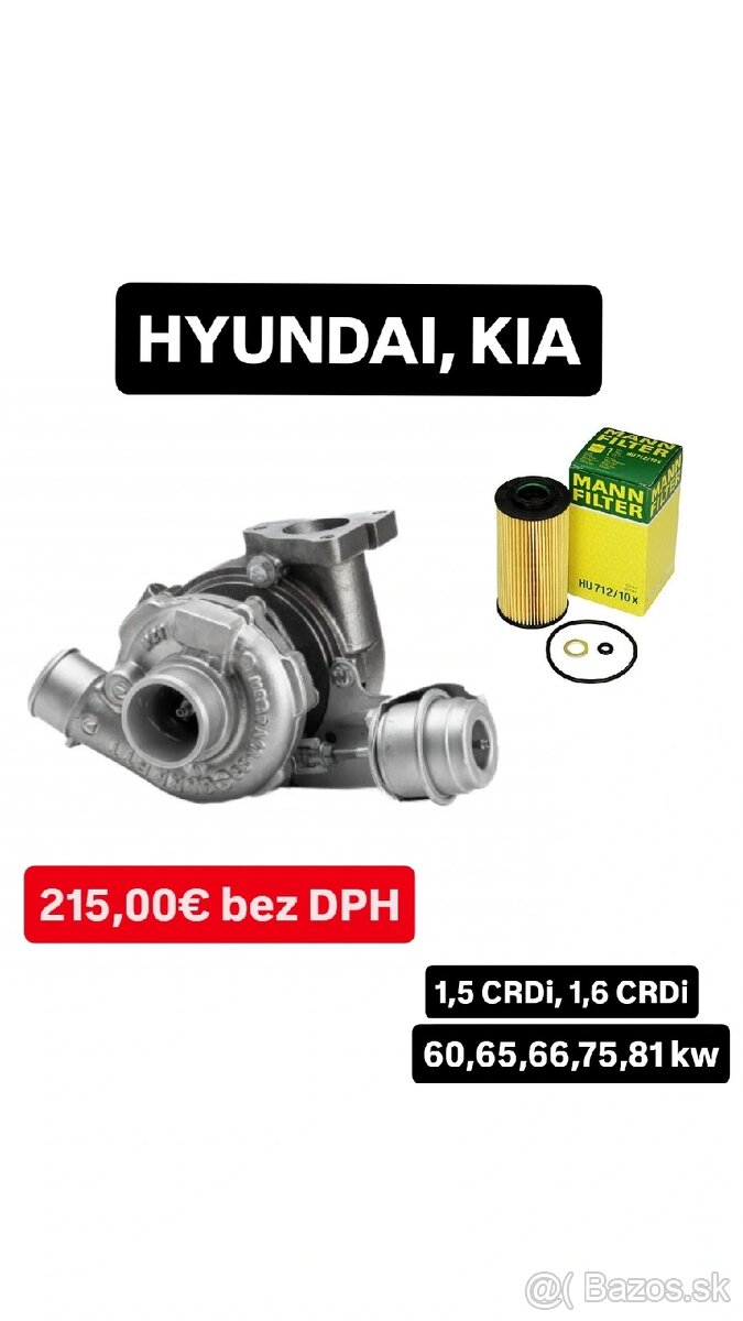 Repasované turbo GARRETT 1,5 CRDi, 1.6 CRDi - 65kw, 81kw