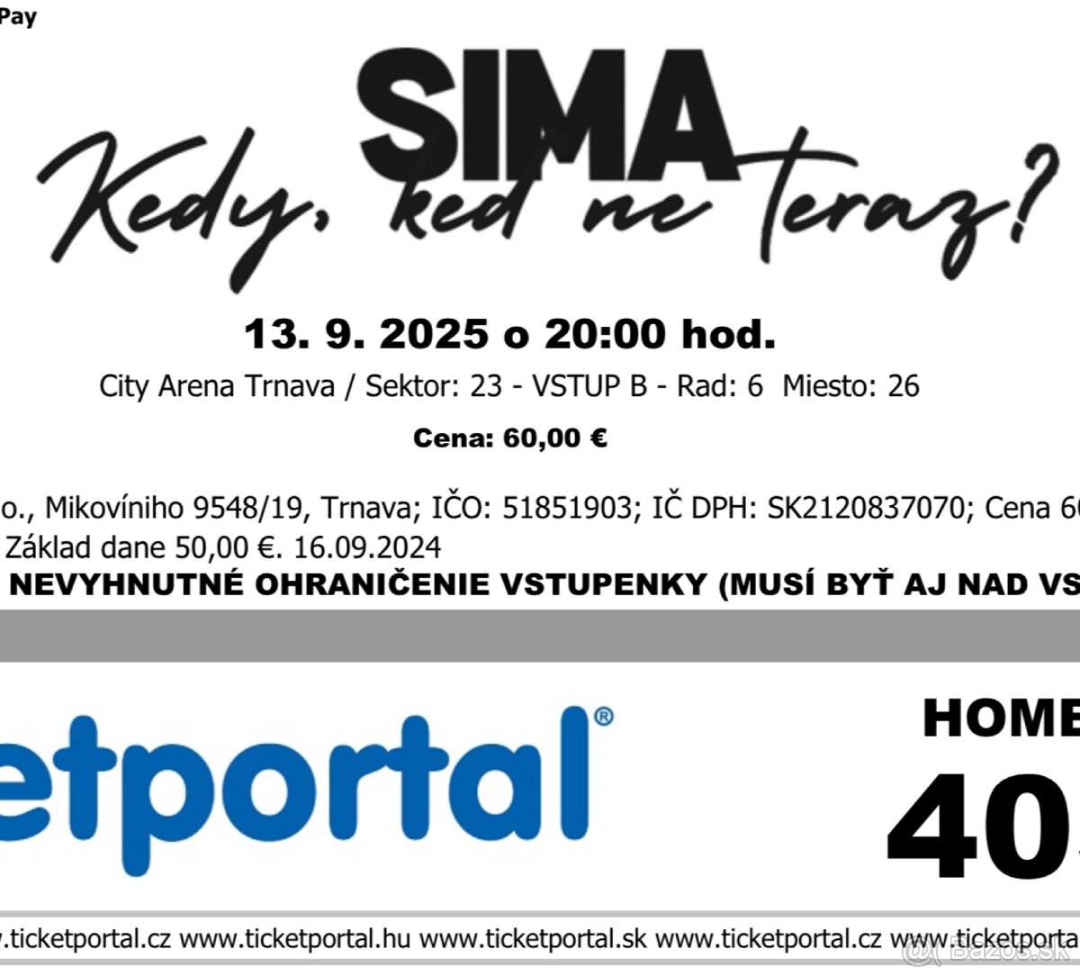 Predám lístok na sedenie na Simu v Trnave