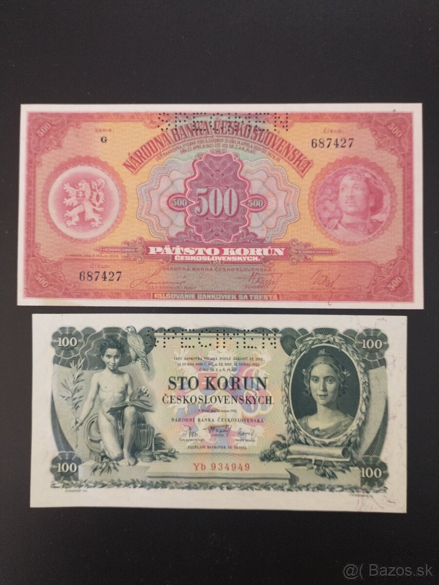 500Kč 1929, 100Kč 1931 SPECIMEN UNC