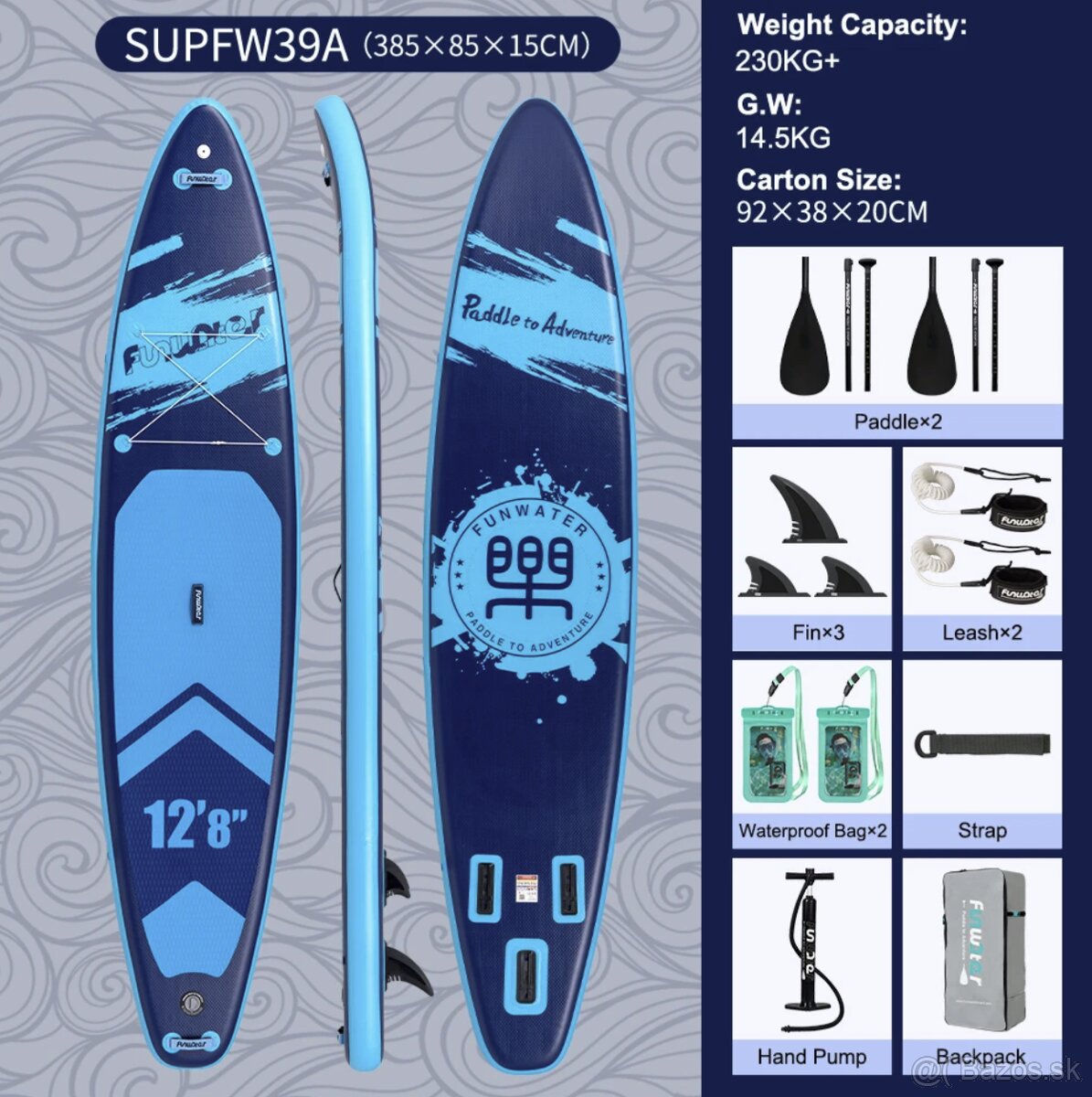 Paddleboard 385cm, 230kg, dvojmiestny, 3 plutvy
