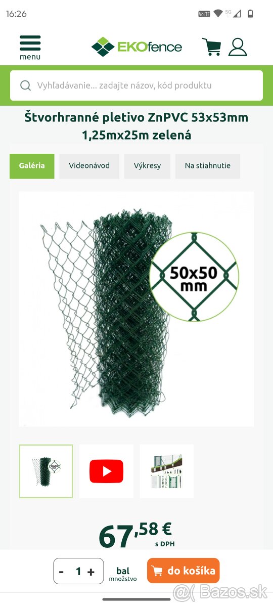 Štvorhranné pletivo ZnPVC 53x53mm 1,25mx25m zelená