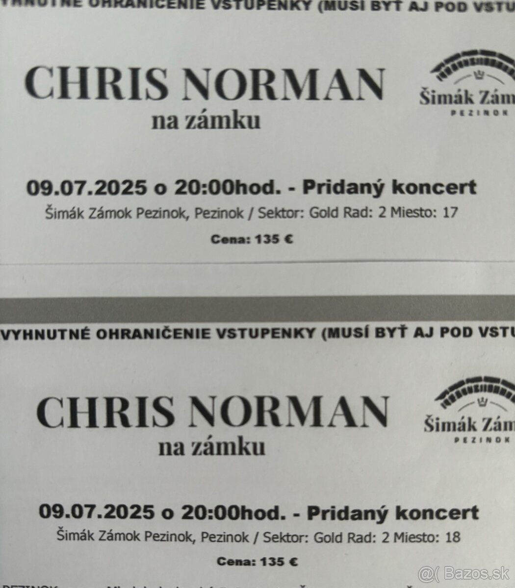 Chris Norman listky - 09.07.2025 - Pezinok - Šimák Zámok