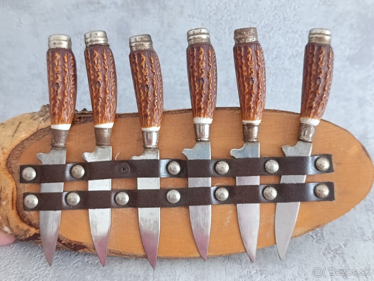 6 x malé nožíky v řadě na dřevéné podložce z břízy.