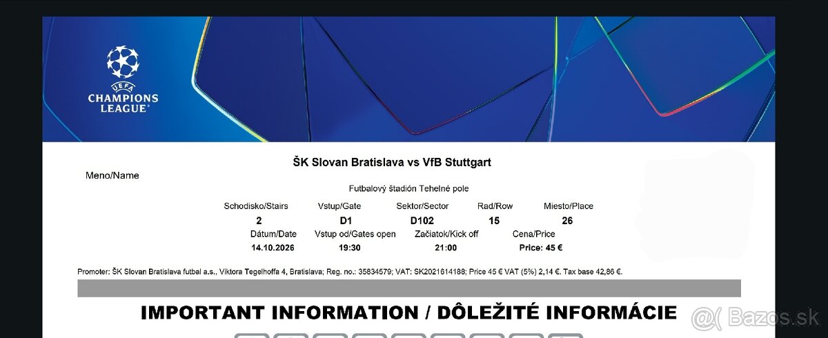 Vstupenka ŠK Slovan Bratislava – VfB Stuttgart