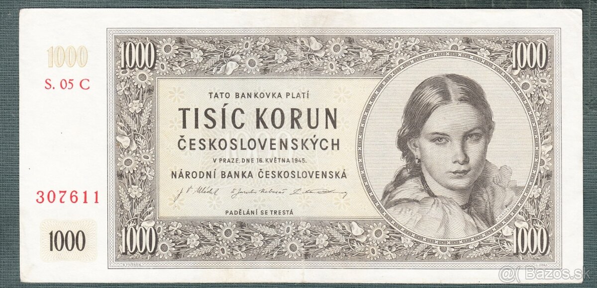 Staré bankovky 1000 kčs 1945 pěkný stav,