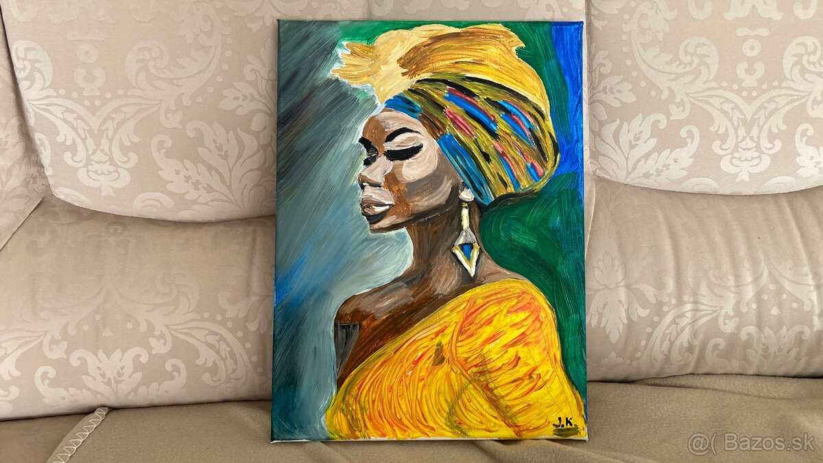 Predám ručne maľovaný obraz 30x40cm - černoška s turbánom