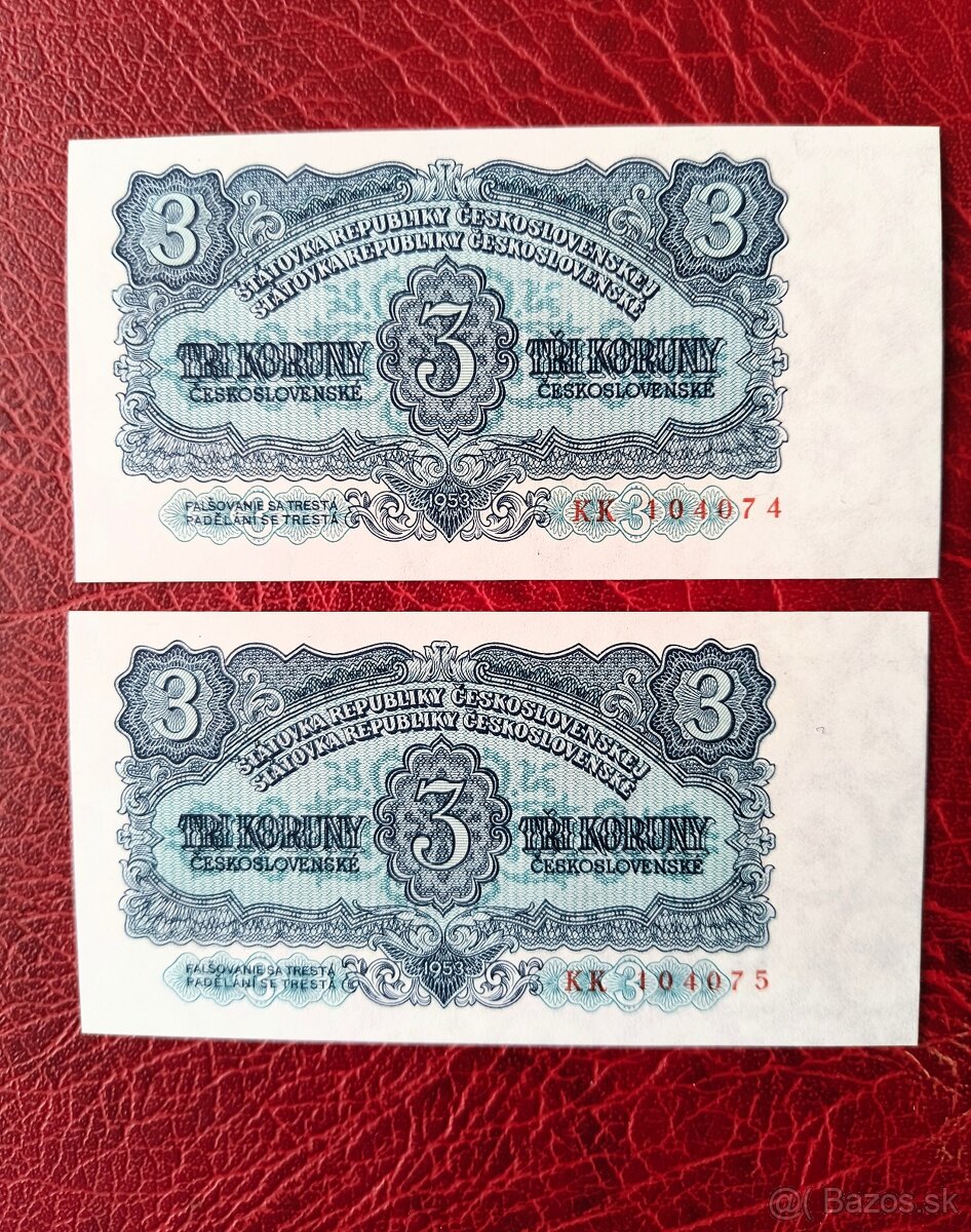3-Kčs-1953 UNC čisla idúce po sebe