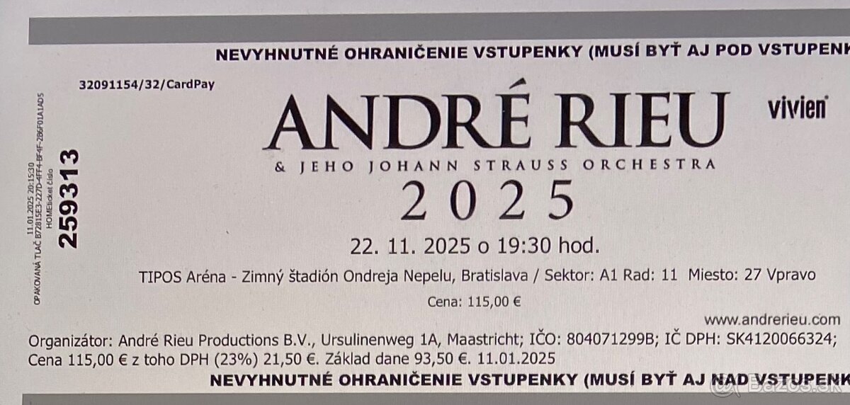 Koncert André Rieu - 22.11.2025 - Bratislava Tipos Aréna
