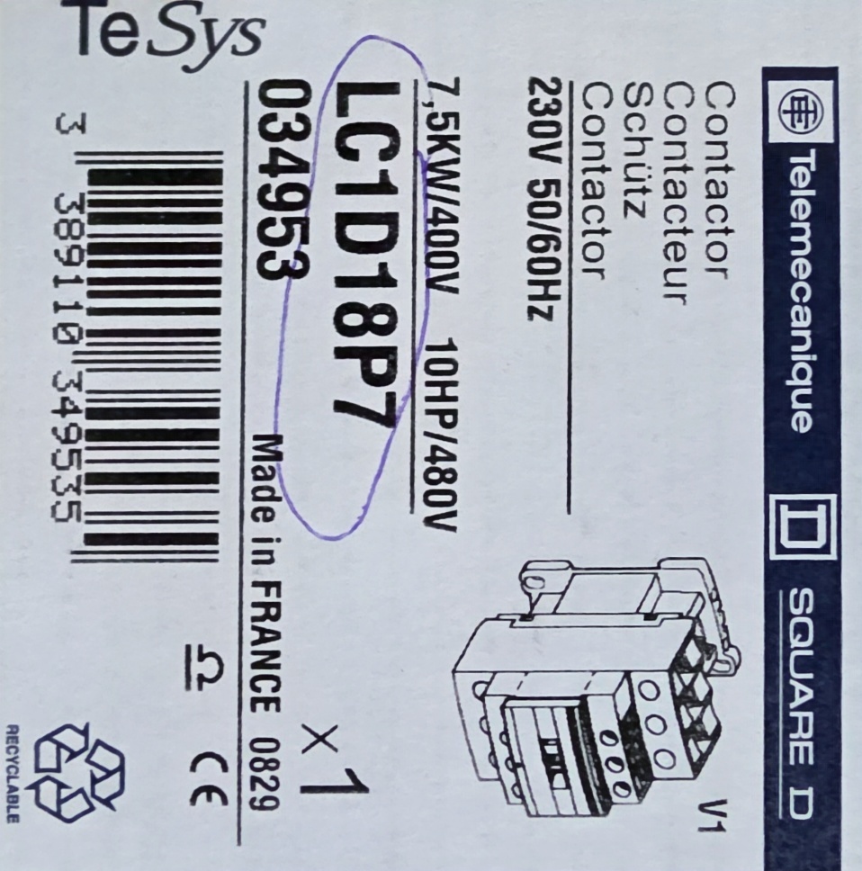 Istič 230V/50Hz LC1D18P7 7,5KW/400V 10HP/480V