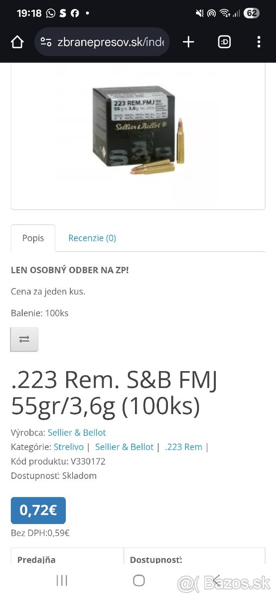Predám strelivo 223 Rem. SB FMJ, 55gr/3,6g