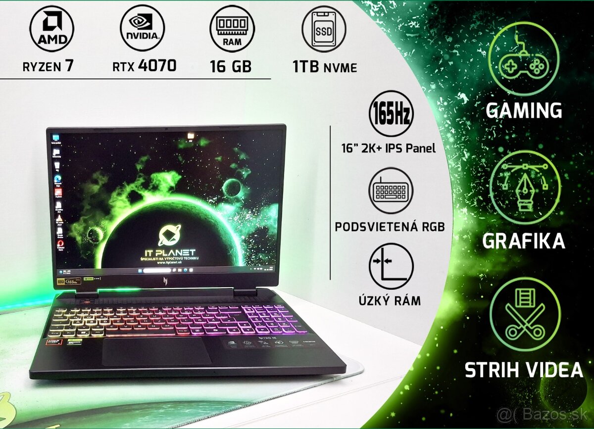 🎮🔥 Herný notebook s RTX 4070 – AMD Ryzen™ 7 8845HS + 165Hz
