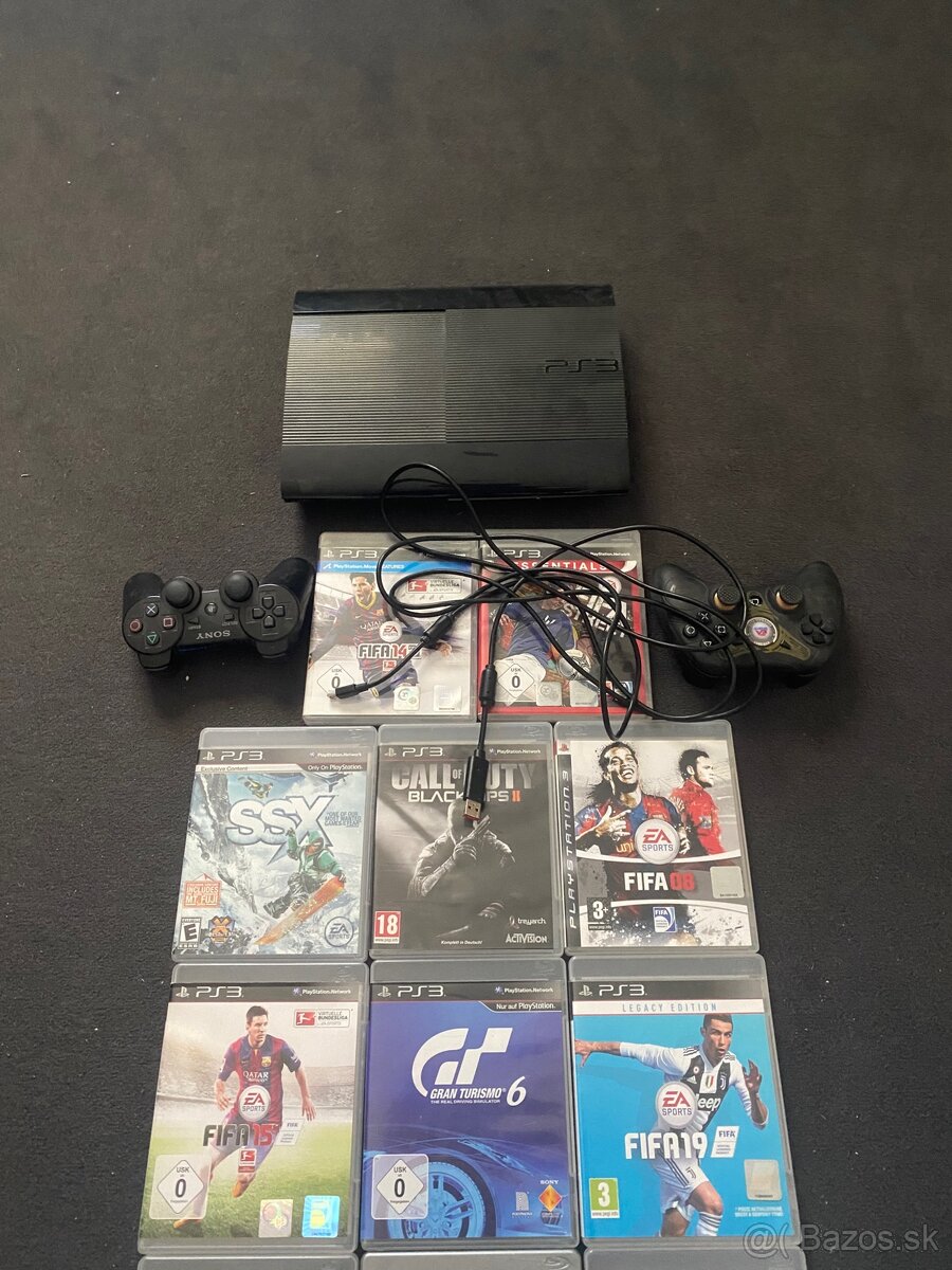 PS3 Super Slim + 18 hier + 2 ovládače – FIFA, CoD, GT6, SSX