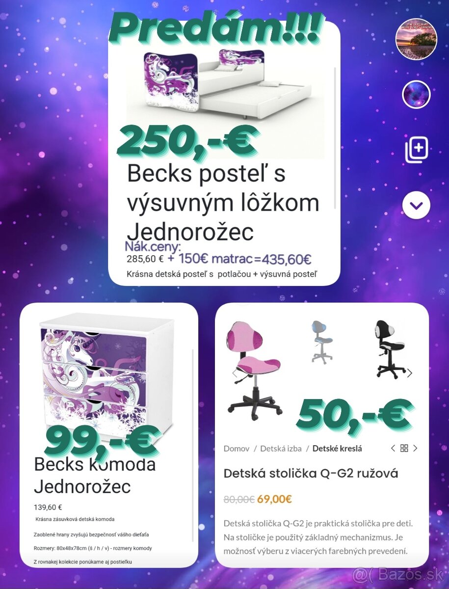 Posteľ s výsuvným lôžkom 90x200+komoda konik+ružová stolička