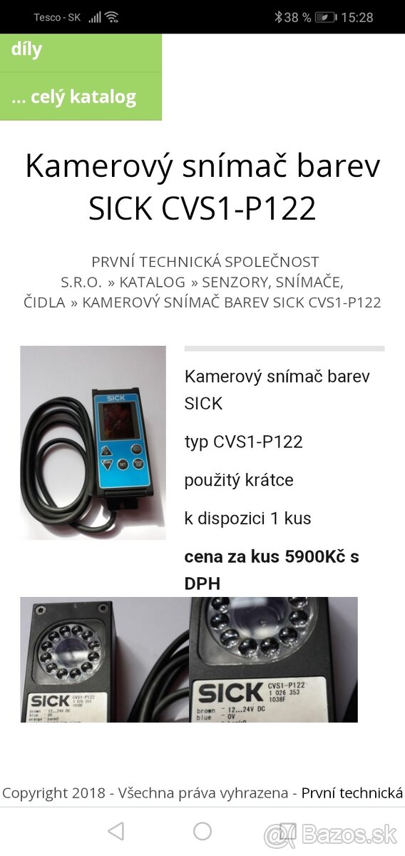 Kamerový snímač barev SICK CVS1-P122