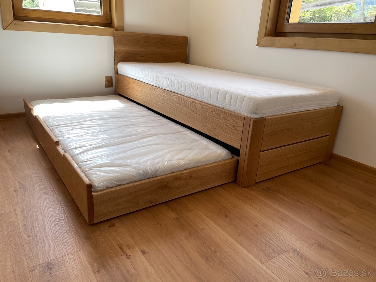 Dubová posteľ 90x200cm s výsuvným lôžkom