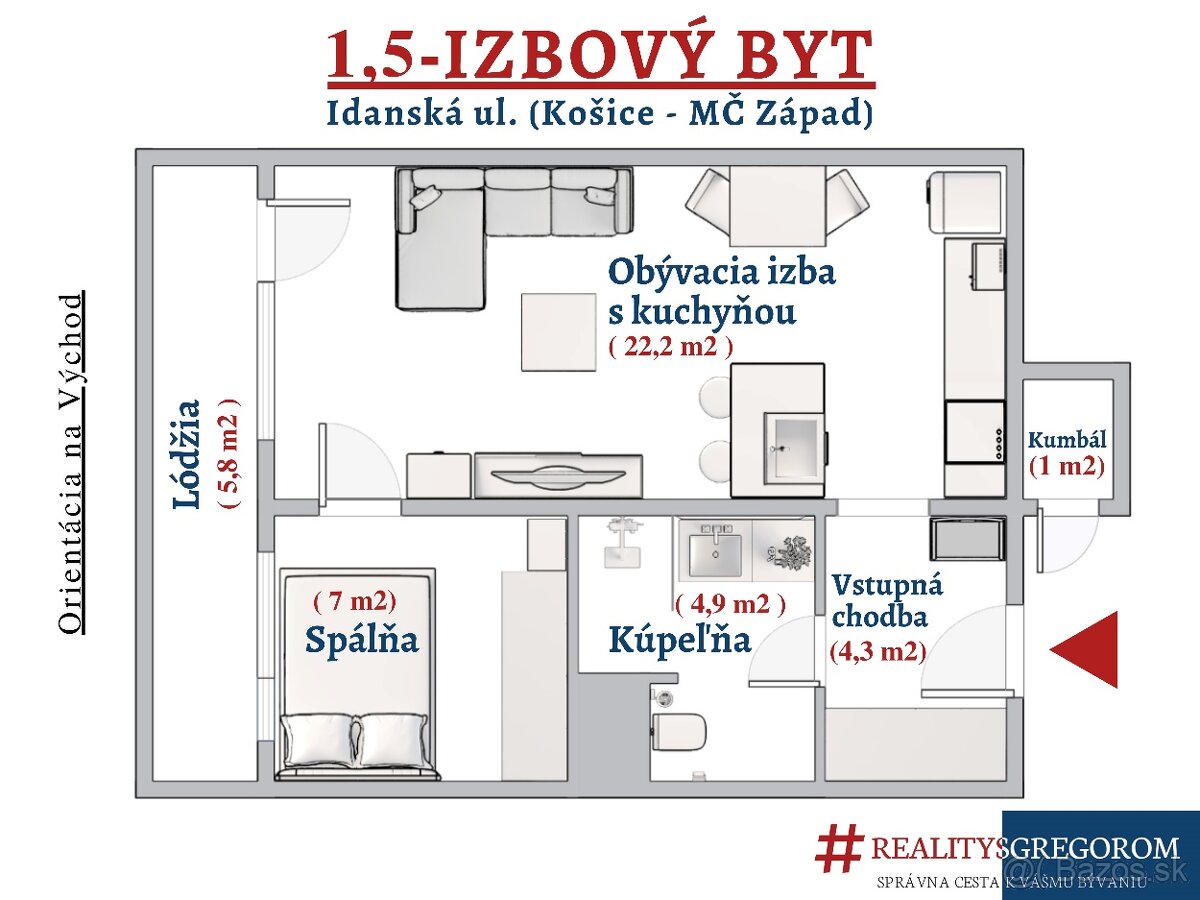 2+KK byt, Idánska ul., 42 m2, so -m LO, na 5. zo 7 p, po REK