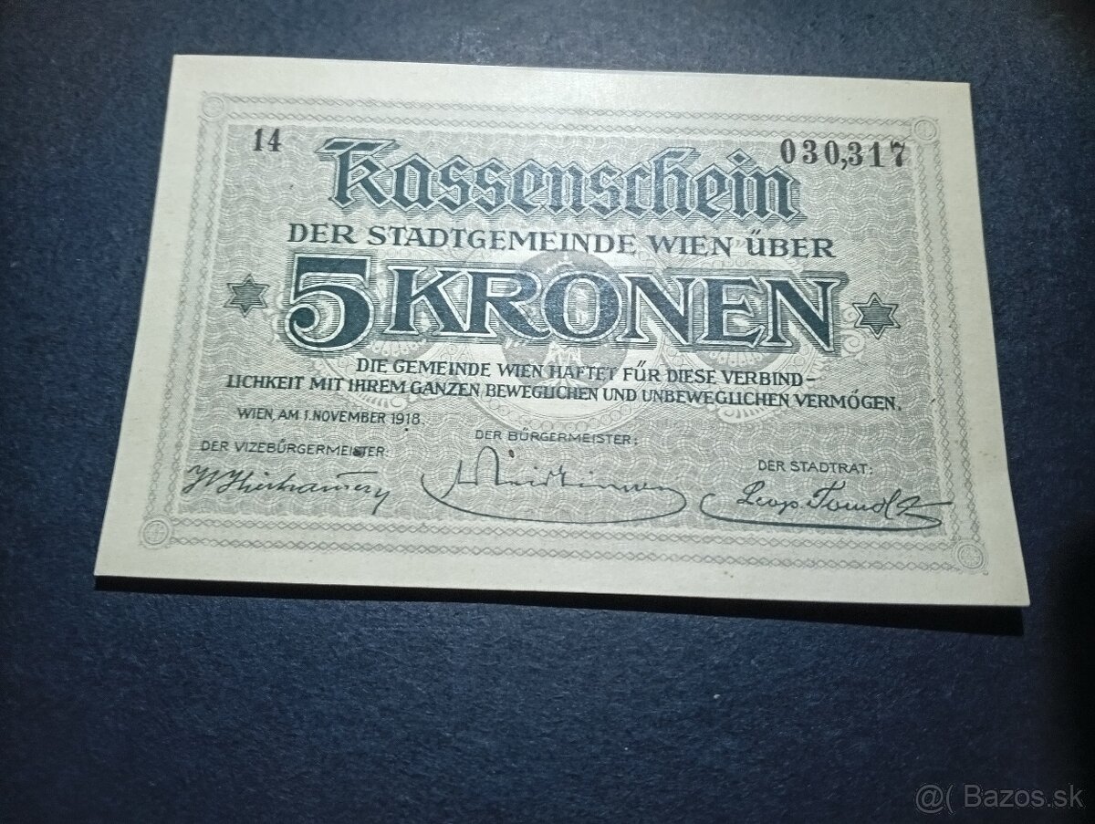 Predám 5 Kronen 1918 Wien UNC