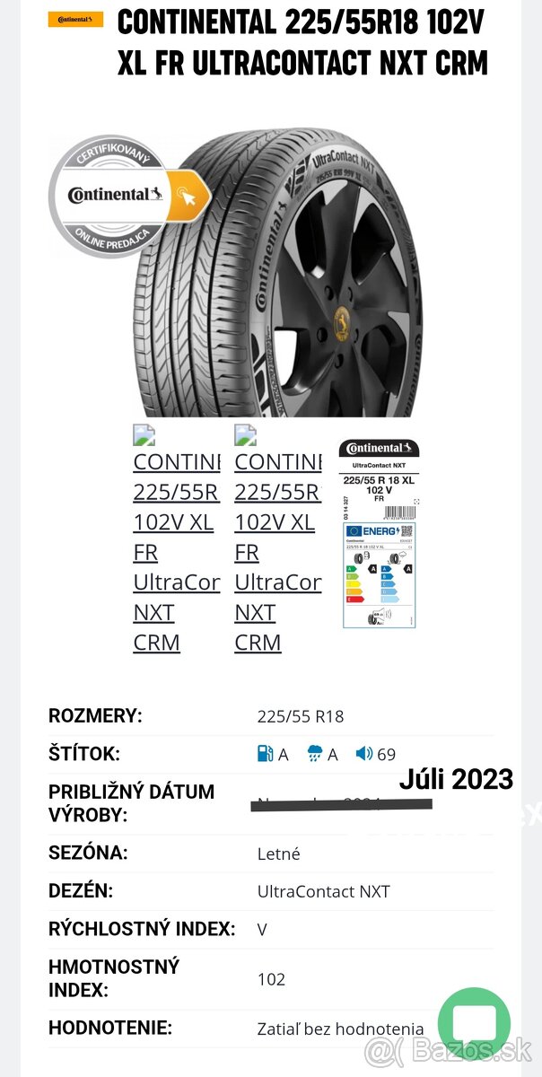 Pneumatiky - Continental UltnaCotact 225/55 R18 v xl - 4ks