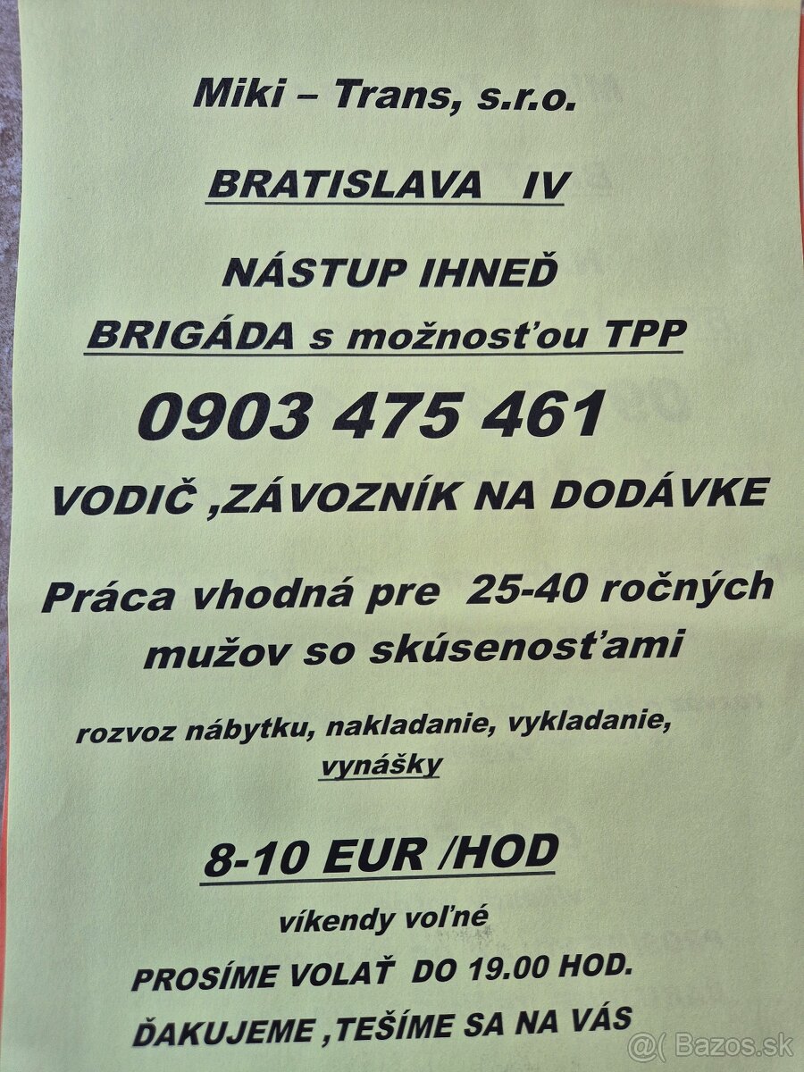 Vodič závozník Brigáda TPP dodávka Bratislava IV
