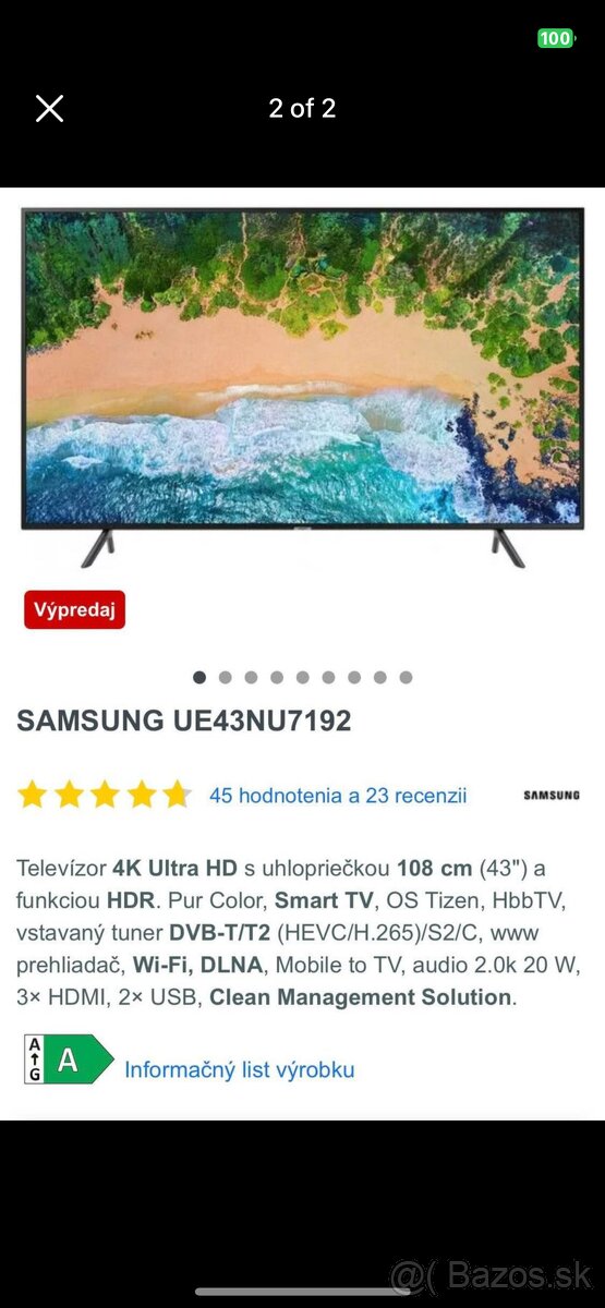 Kúpim pokazenú TV Samsung UE43NU7....