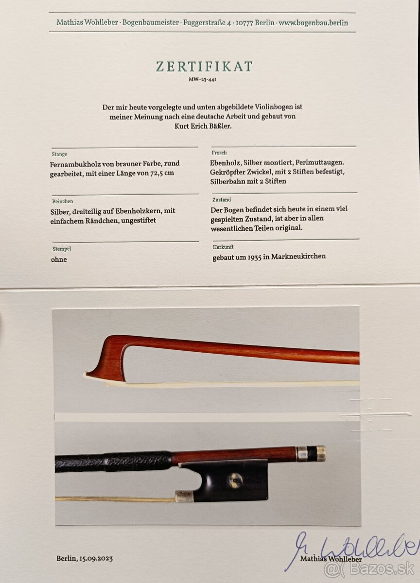 Majstrovský husľový sláčik K. E. Bässler + certifikát